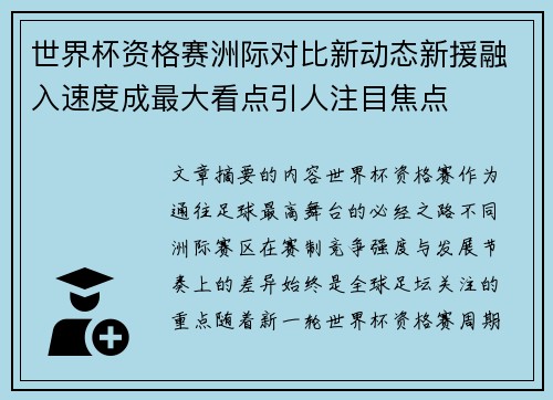 世界杯资格赛洲际对比新动态新援融入速度成最大看点引人注目焦点